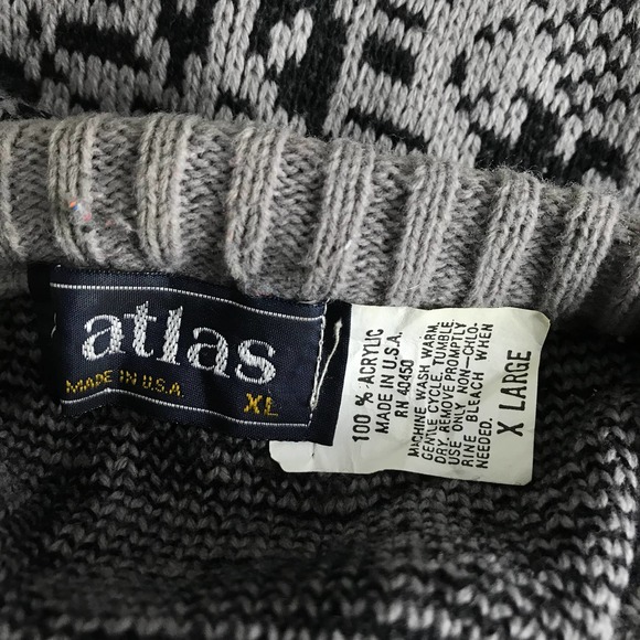 Vintage 80s Atlas Gray Black Sweater | Made in USA | Size X-Large - Picture 5 of 6